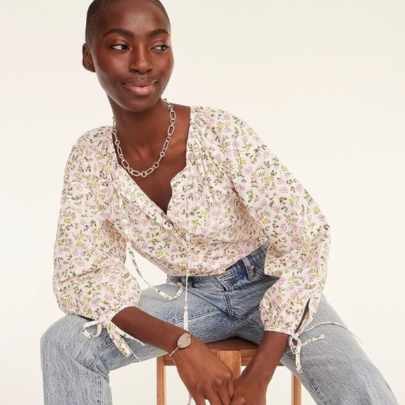 J.Crew Tie-sleeve button-front cotton poplin top in meadow floral - Picture 1 of 9